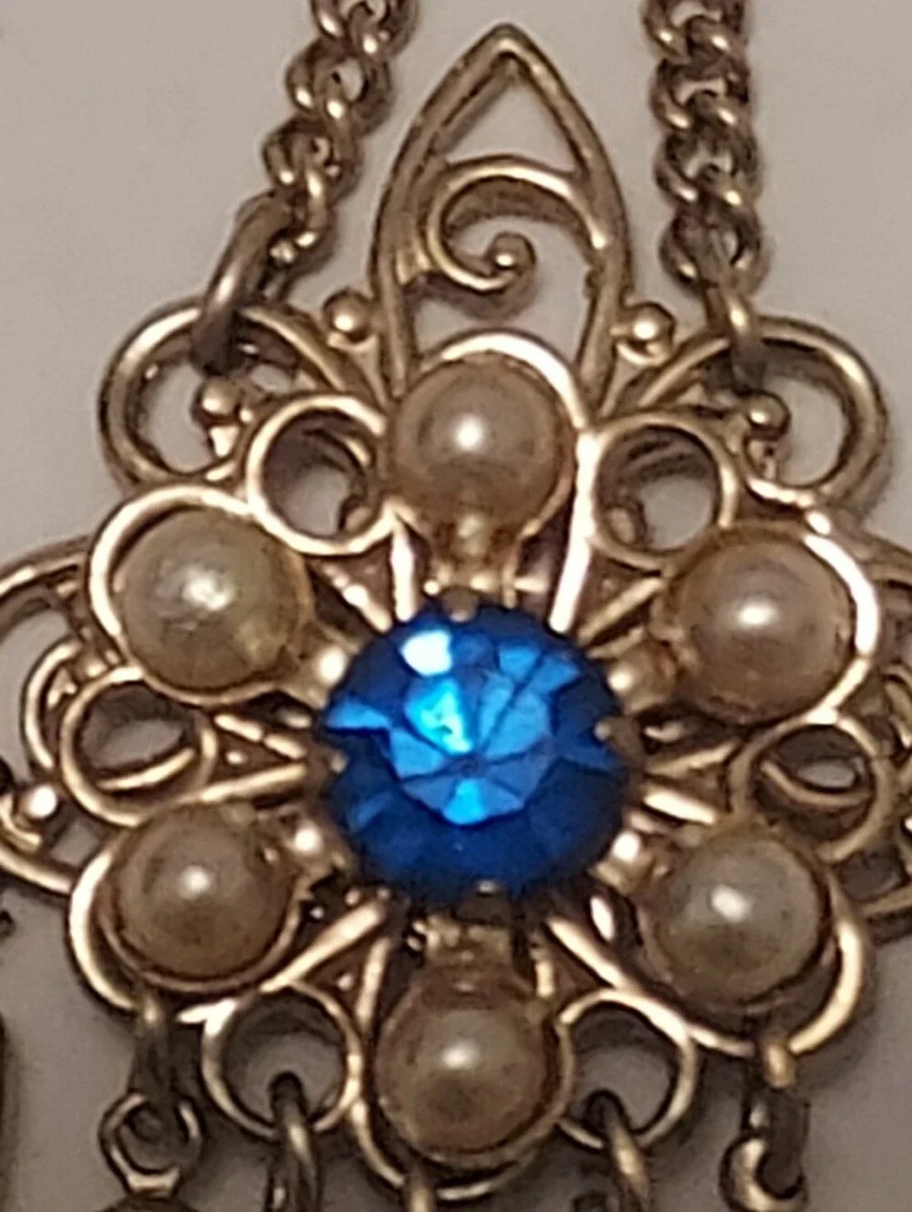 Vintage Goldtone Filigree Chatelaine Brooch Blue Rhinestones Faux Pearls 2.5in.